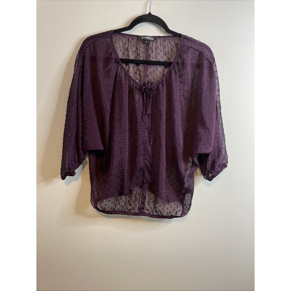 Express XS Plum Sheer Swiss Dot Peasant Blouse Tie Neck Boho Top